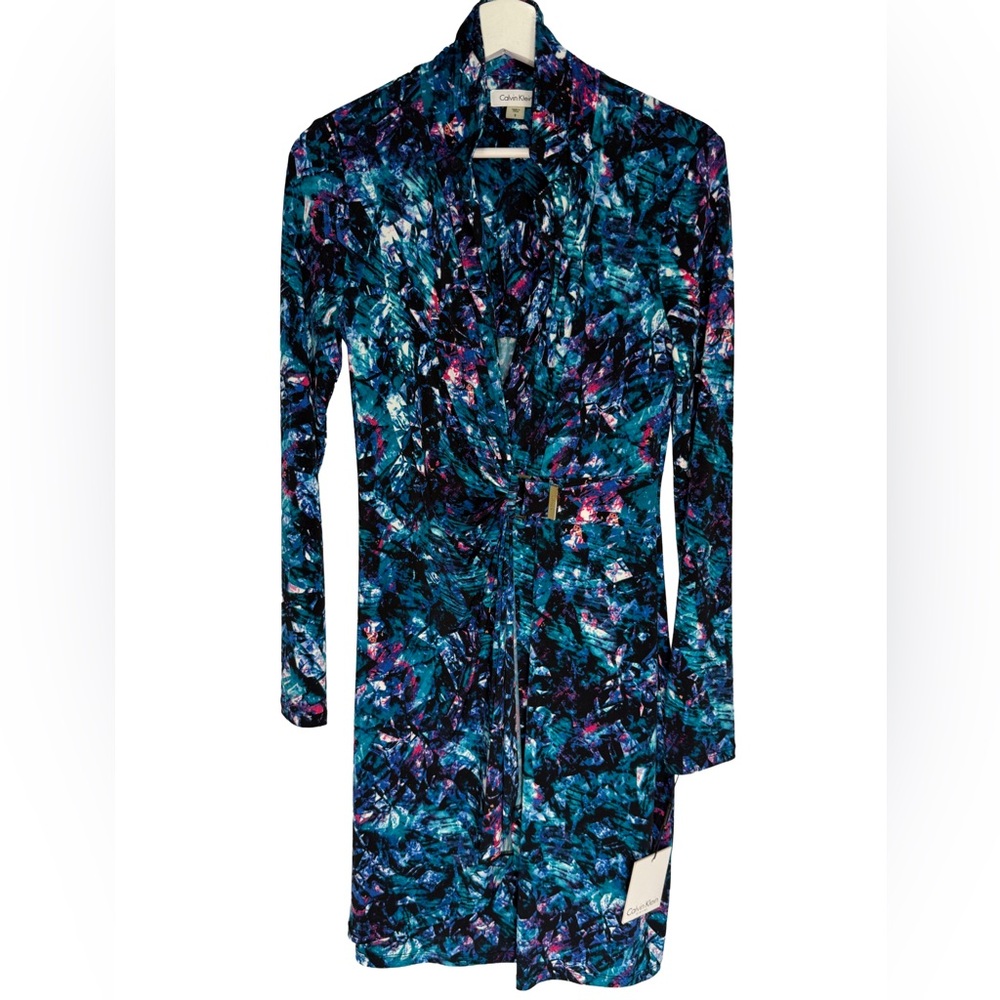 NEW Calvin Klein Multi Print Long Sleeves Wrap Dress,  Blue Black Pink, Size 8